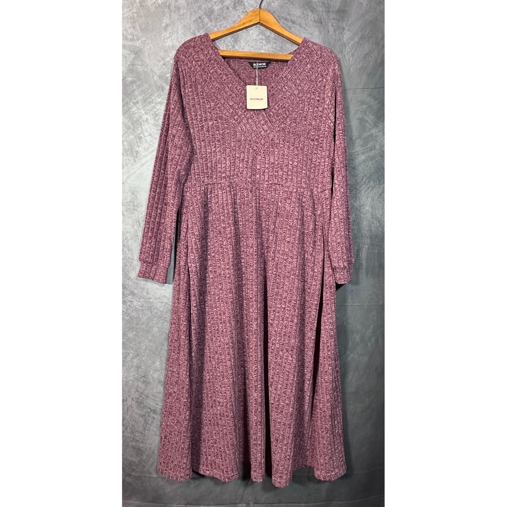 Bloom Chic Sweater Dress Womens 14 16 Purple Ribbed Knit Stretch V-Neck Pullover